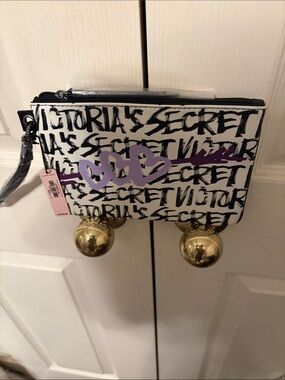 Victoria's Secret White Black Graffiti Wristlet with Purple Heart Accent